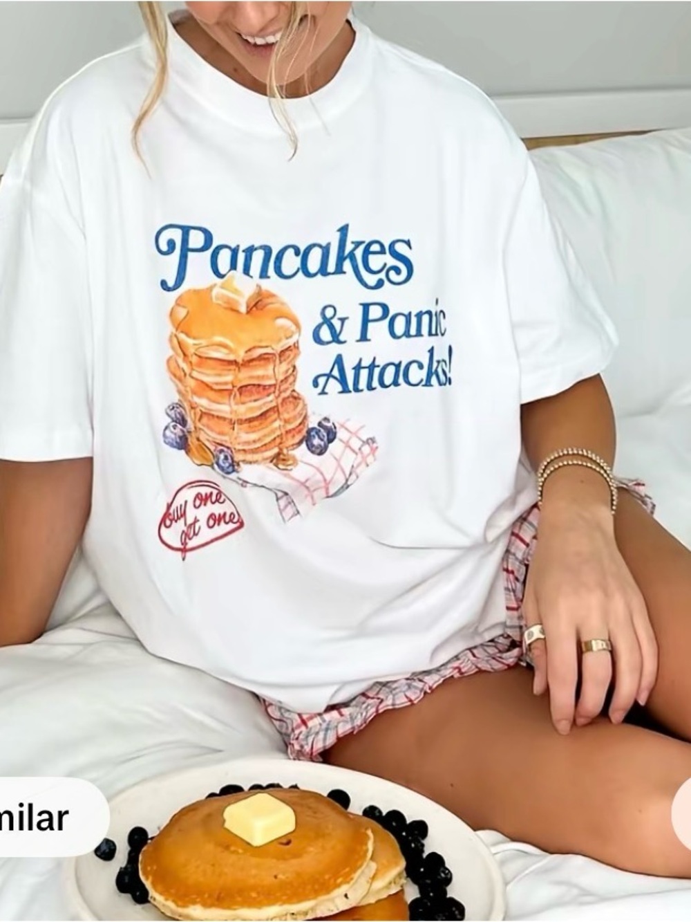 NWT White "Pancakes & Panic Attacks" Short Sleeve Tee